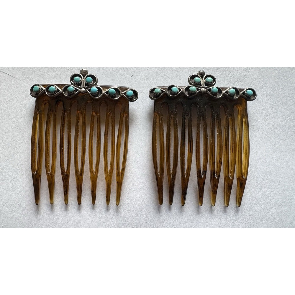 VTG  Native American Zuni Style Hair Combs Amber Celluloid Sterling & Torquoise